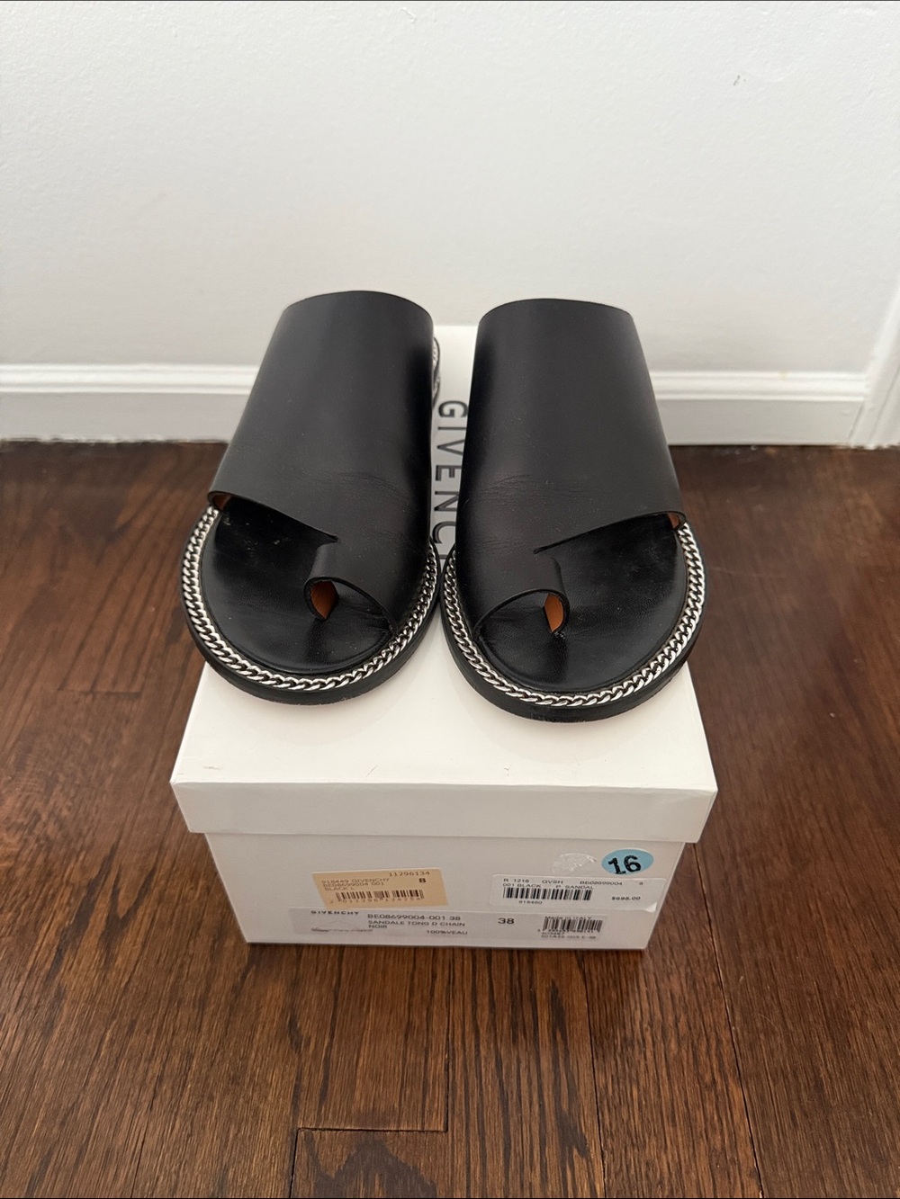 Givenchy Black Leather Chain-Trim Slide Sandals Size 8